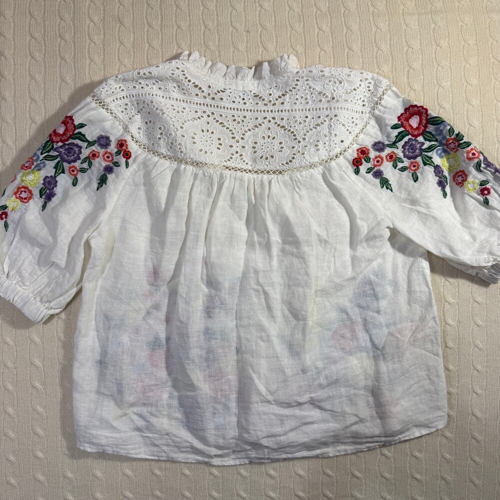 Sundance Floral Popover Colorful Embroidered Linen Short Sleeve Blouse L - Picture 7 of 8